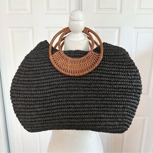 Straw Studios Black Woven Straw Handle Bag Purse with Rattan Handle
